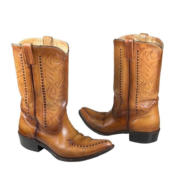 Vintage Double-H Cowboy Western Boots USA Made Patina Saddle Stitch Men's 10.5 D - Picture 1 of 16